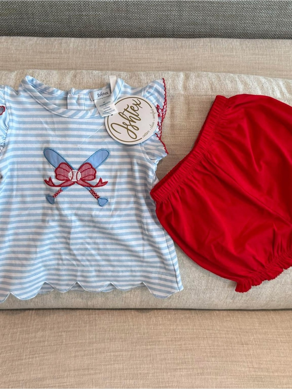 Girls Baseball Blue Stripe & Red Matching Set